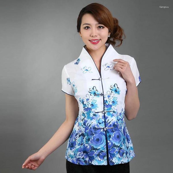Blusas femininas 2024 Oriental Mulheres Tangzhuang Estilo Camisa Azul Preto Floral Impressão Manga Curta Mandarim Collar Tops Qipao Design Hanfu