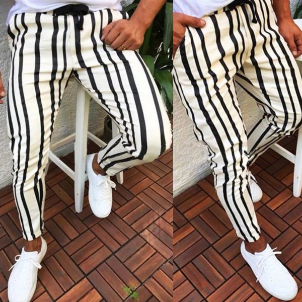 Pantaloni da uomo alla moda Pantaloni da jogging Pantaloni da jogging slim fit Pantaloni scozzesi a righe bianche e nere Nuova matita casual da uomo