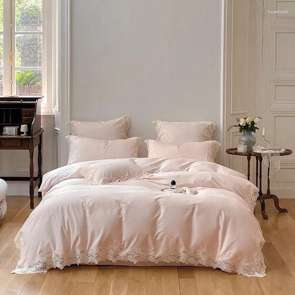 Conjuntos de cama luxo luz rosa renda bordado princesa conjunto estilo coreano egito algodão sólido colcha/duvet cover folha fronhas