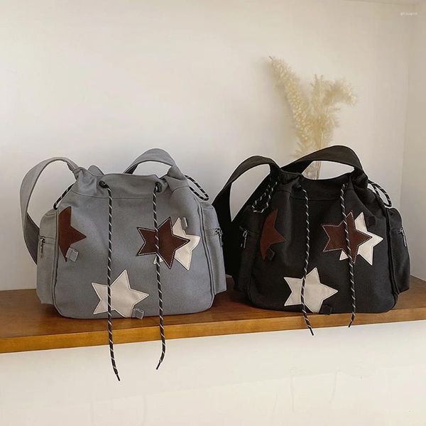 Bolsas de ombro femininas fofas, bolsa crossbody de grande capacidade, versátil, hobo, estrela, apliques, y2k, estilo de rua, escola para adolescentes, estudantes