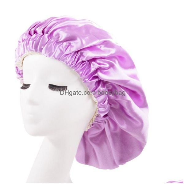 Beanie/Totenkopfkappen Doppelschicht Einfarbig Satin Bonnet Große Nachtmütze Frauen Schlafkappen Bad Kopfbedeckung Haarpflege Drop Lieferung Mode Dhtni