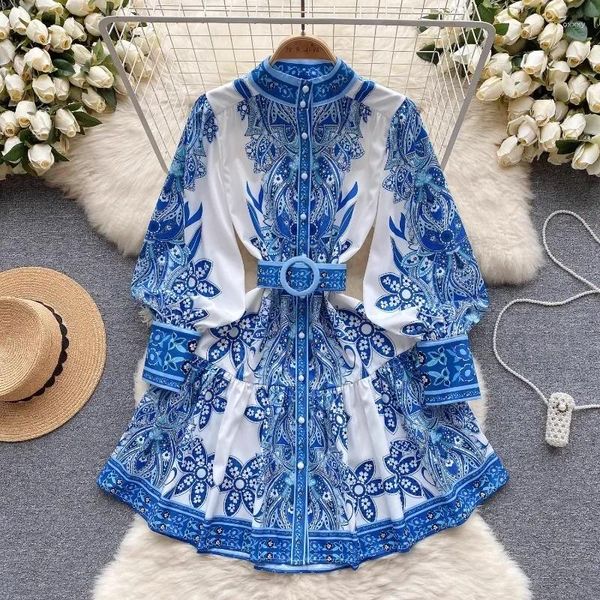 Sıradan Elbiseler Fransız Mahkemesi Retro Resmi Elbise Kadınlar Zarif Yarım Yaka Çiçek Baskı Şık Fener Sleeve Vestido Kadın Dropship