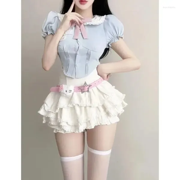 Arbeitskleider Koreanische Mode Puppe Kragen Hemd Kuchen Rock Zweiteiliges Set Frauen Süße Schleife Spitze Splice Blase Ärmel Würziges Mädchen Schlank Sommeranzug