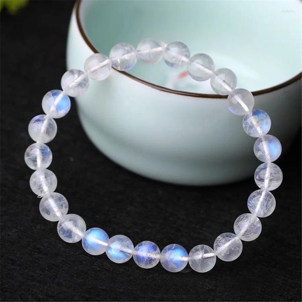 Bracciale in pietra di luna naturale con luce blu per donna, perlina rotonda in cristallo elasticizzato 7mm 8mm 9mm 10mm