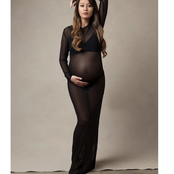 Preto tule bodysuit vestido de gravidez malha tecido manga longa estiramento feminino roupa maternidade magro ajuste estilo saia para po shoot 240309