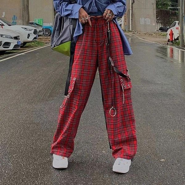 Pantaloni da donna stile Harajuku punk scozzese rosso gotico esplosivo catena di metallo da strada tuta ampia e snellente gamba larga