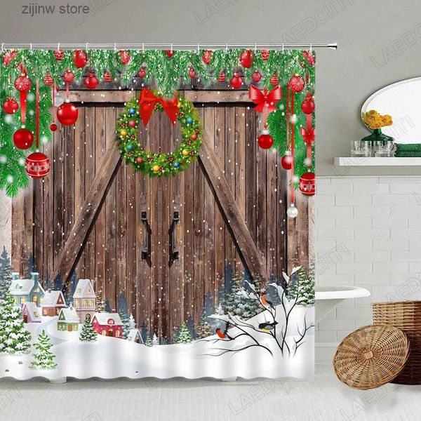 Tende da doccia Tende da doccia natalizie Creative Vintage Farm Fienile Porta in legno Ghirlanda di Natale Inverno Capodanno Decorazioni per il bagno Set di tende da bagno Y240316