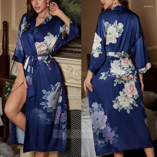 Женская одежда для сна с синим принтом и цветочным принтом, кимоно, халат, женский длинный халат, ночная рубашка, повседневное шелковое атласное домашнее платье, свободная одежда для отдыха