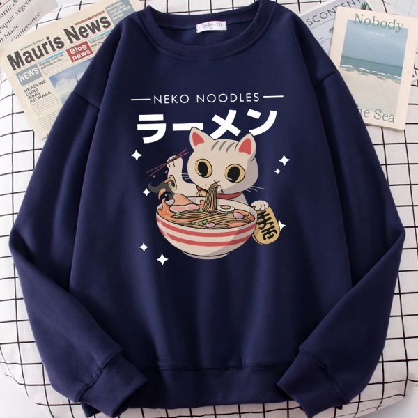 Танки Harajuku Cat Neko Noodles Ramen Одежда с принтом Harajuku Индивидуальный свитер Удобный повседневный пуловер Осенние женские топы в стиле хип-хоп