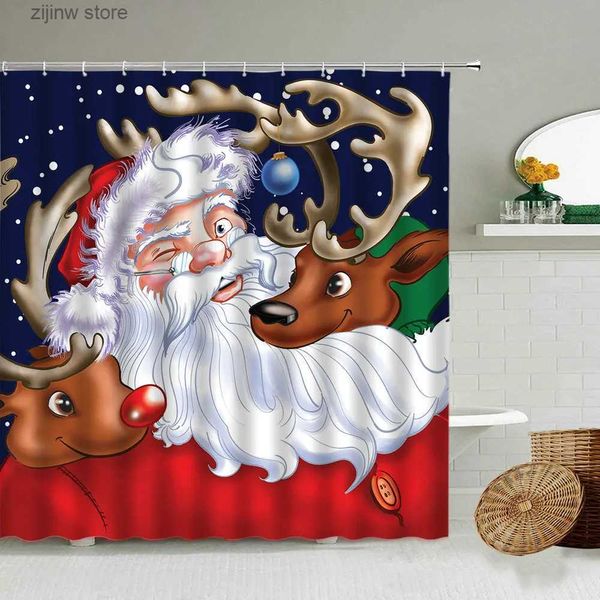 Cortinas de chuveiro Feliz Natal Cortina de chuveiro dos desenhos animados Papai Noel Elk Snowflake Dream Night View Criança Banheiro com gancho Conjunto de tela à prova d'água Y240316