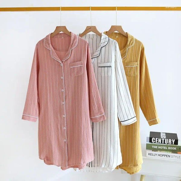 Mulheres sleepwear algodão mulheres manga longa camisola roupão tamanho grande camisa de sono listrado botões vestidos de noite loungewear banho robe