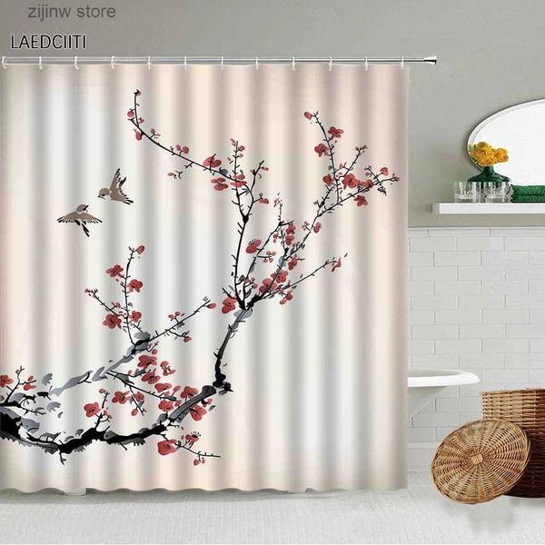 Cortinas de chuveiro Cortina de chuveiro chinês conjunto vermelho e branco inverno ameixa pássaro linda borboleta folhas de bordo pintura a óleo paisagem decoração de banheiro y240316