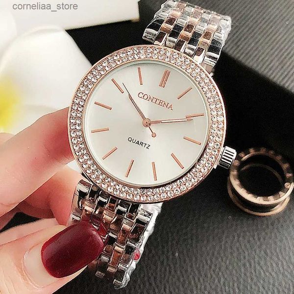 Andere Uhren Contena Brand Luxus Womens 2023 Mode -Strass -Edelstahl -Quarz einfach und elegant Frauen Reloj Mujer Y240316