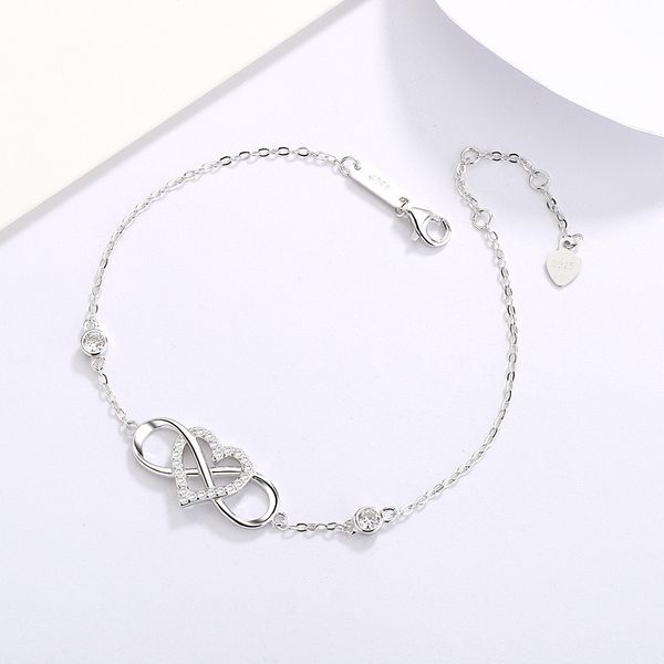 Bracciale dal design classico in argento 925 con croce a cuore, anello Membius, braccialetto infinito, a forma di cuore, con pietre di cristallo, regalo per gioielli a mano