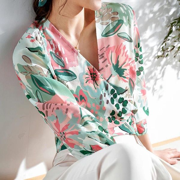 Blusas femininas chiffon camisa verão 2024 impressão solta mangas compridas floral topo com decote em v senhoras roupas casuais ycmyunyan