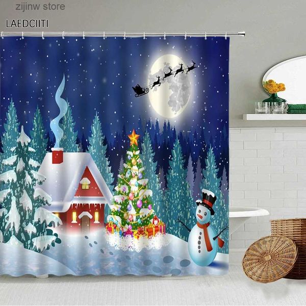 Tende da doccia Tenda da doccia natalizia Set Bella notte Cielo stellato Carrello dei cervi Babbo Natale Retro Casa in legno Decorazioni per il bagno di casa con ganci Y240316