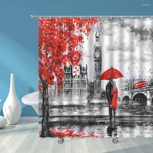 Tende da doccia Londra Big Ben Curtain European European Romantico Olio di pittura Olio Coppia Ombrello Tree Bus Burge Decor Bathroom