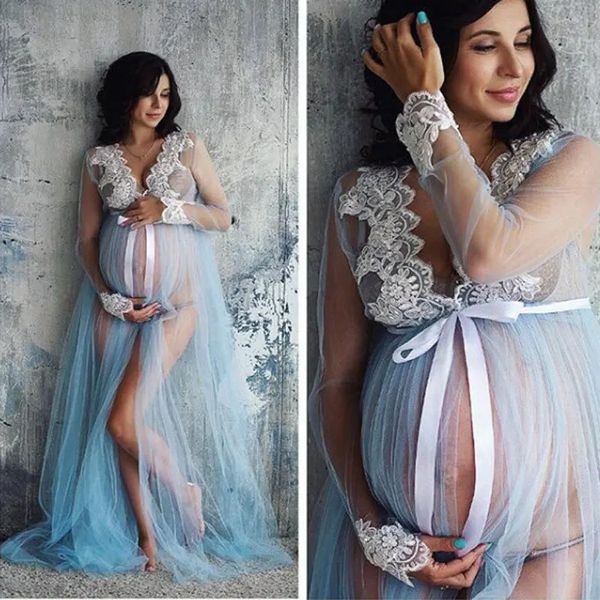 Платья для беременных для Po Shoot, цельное кружевное платье для беременных, одежда для мытья полов, платье для беременных с разрезом спереди, сетчатая пряжа 240309