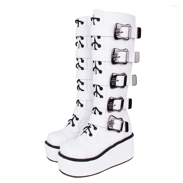 Botas artesanais mulheres motocicleta legal punk senhora estilo escuro sapatos mulher gótico salto alto bombas tiras zip 33-47 branco lace up