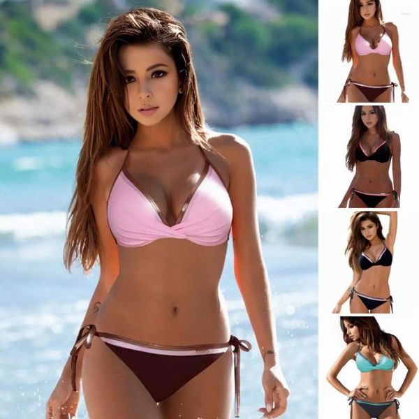 Kadın Mayo Halterneck Danton-Up Mayo V-Neck kolsuz sütyen Düşük katlı brifingler Yular Bikini'yi yaz için kontrastla ayarlayın