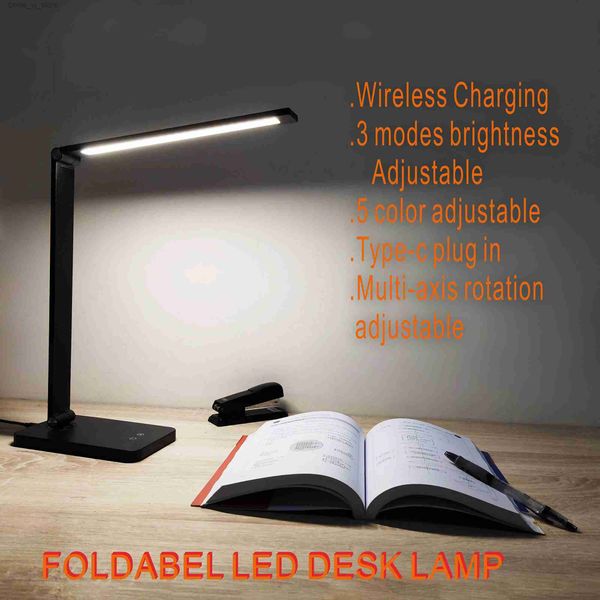 Lampade da tavolo 3 modalità di luminosità Lampada da scrivania a LED regolabile Stazione di ricarica wireless Lampada da lettura a LED Tipo-C Presa USB Lampada da tavolo a LED YQ240316