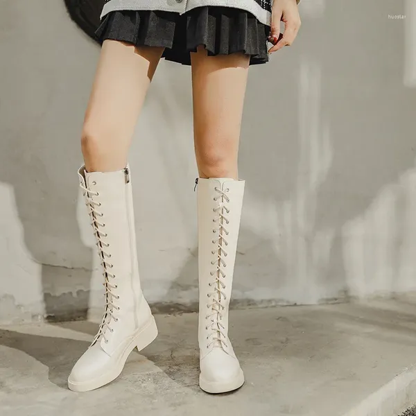 Сапоги 2024, универсальные кожаные женские сапоги в британском стиле, но зимой с увеличением колена, белые, на шнуровке, Knight High