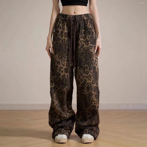 Jeans da donna Pantaloni cargo da ballo con gamba dritta stampa leopardata Hiphop Streetwear Y2k Pantaloni casual in vita elastica con coulisse