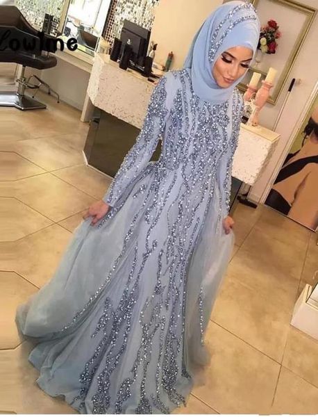 Luxus Muslim Langarm Abendkleider Mit Hijab Kristall Meerjungfrau Formale Party Dubai Türkisch Arabisch Silber Abendkleider Vestid5103197