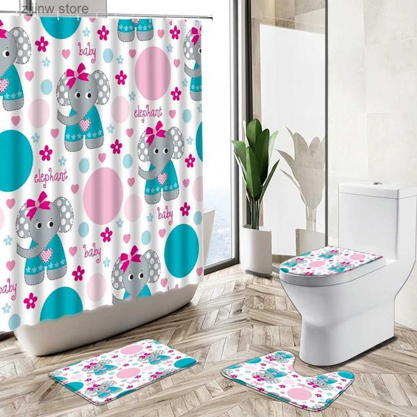 Cortinas de chuveiro dos desenhos animados elefante bebê crianças banheiro cortina de chuveiro conjunto bonito panda animal antiderrapante tapete tampa de banheiro tapete de banho casa deco y240316