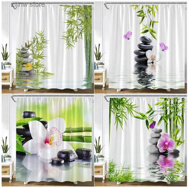 Cortinas de chuveiro Zen Verde Bambu Cortinas de Chuveiro Roxo Orquídea Borboleta Flores Plantas Pedra Preta Spa Natureza Cenário Tecido Banheiro Decoração Conjunto Y240316