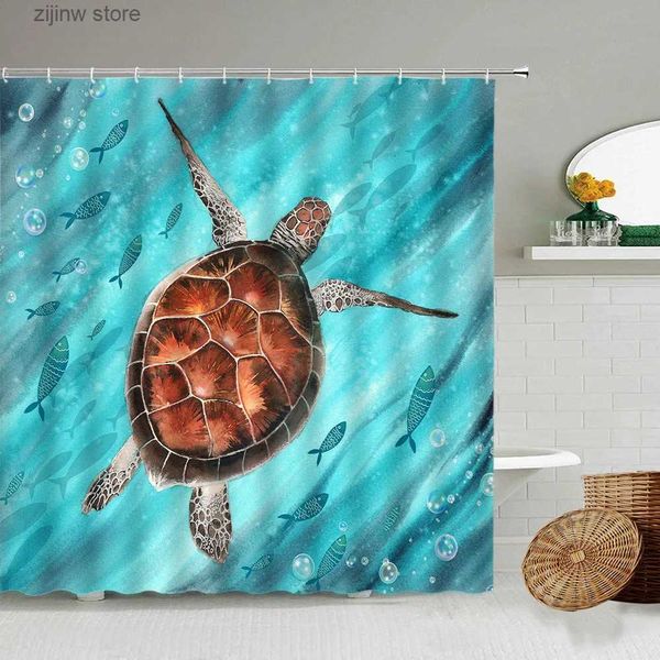 Cortinas de chuveiro Sea Turtle Cortinas de chuveiro Engraçado Animais do Oceano Peixe Design Criativo Impresso Tecido Casa Decoração de Banheiro Conjuntos de Cortinas de Banho Ganchos Y240316