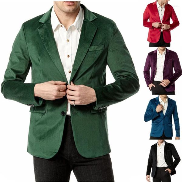Мужские костюмы Зеленый бархатный пиджак с зубчатыми лацканами Велюровый пиджак с двумя пуговицами Повседневные куртки Мужчины Свадебный выпускной вечеринка Ужин Костюм Homme