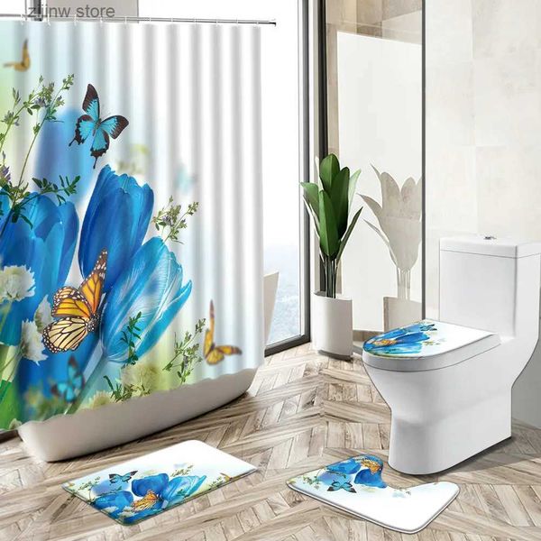 Tende doccia paesaggio floreale tende per doccia a molla color tulipano farfalla paesaggio decorazione per casa mavana per bagno coperchio coperchio per bagno set di tappeti y240316