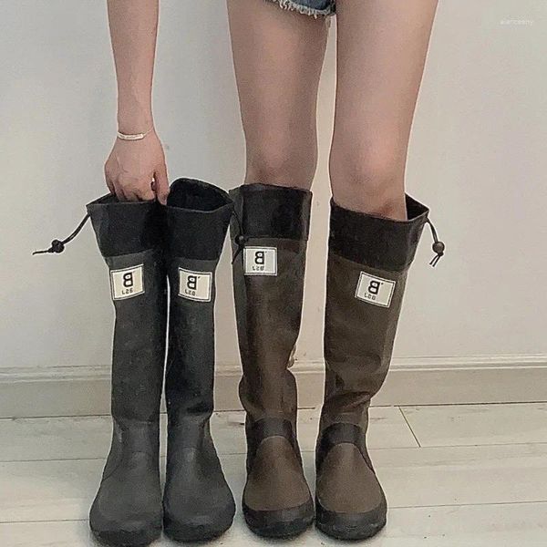 Botas Moda Rainboots Mulheres Joelho Alto Tubo Longo Sapatos Impermeáveis ​​Vintage Redondo Toe Chunky Heel Senhoras Cavaleiro