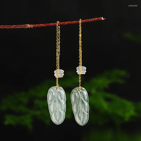 Brincos pendurados 18k corda de ouro semente folhas verdes claras jade gota de orelha genuíno natural um fio de folha de ramo seco
