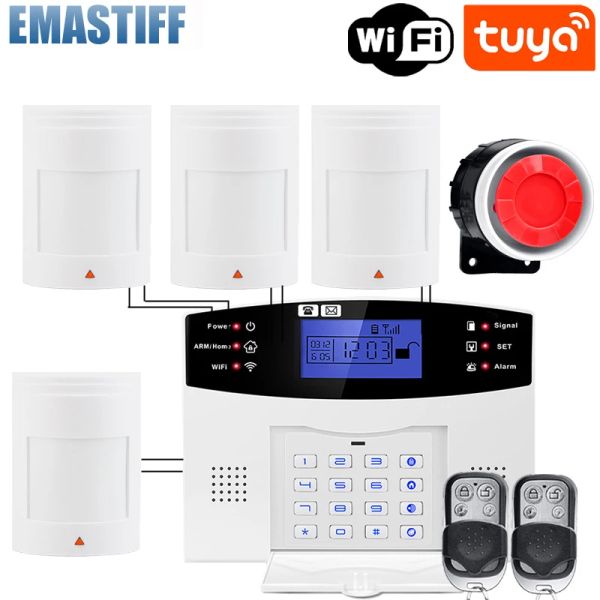 KITS TUYA SMART WIFI GSM Security Alarm System Funciona com a câmera IP da Alexa Home Burglar Wired Detector de fumaça da porta de fumaça