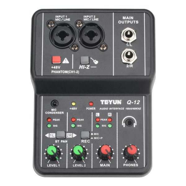 Equipaggiamento Teyun Mini Portable Audio Interface Audio Guitar Recording Mixer Professional Computer Scheda audio esterna Scheda 48v PC Q12 Equipaggiamento