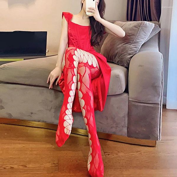 Kadın SOCKS 2024 Seksi Hollow Out Fishnets Çoraplar Lolita Girls Gül Desenli Külotlu Köpek JK Renkli Mesh Tayt Moda