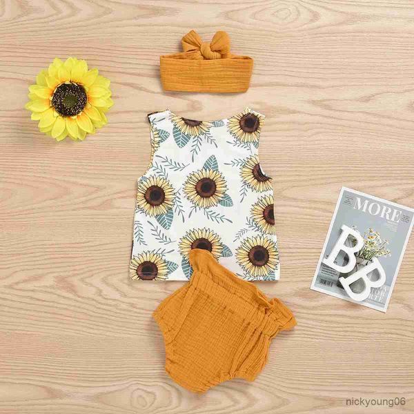 Kleidungssets Sommer Baby Mädchen und Kleinkinder ärmelloses Sonnenblumen-Tanktop Kurkuma Dreieckshose Crling Anzug Haarschnitt