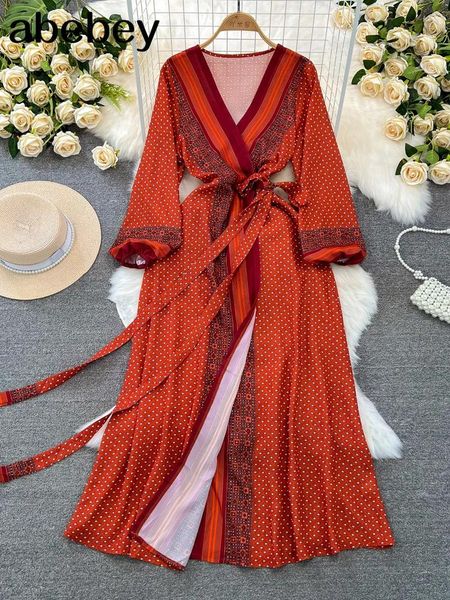 Casual Dresses Vintage Print Elegante Puffärmel Einteiliges Kleid A-Linie Lace-up Strandurlaub Midi Frauen Mode Frühling Herbst Vestidos