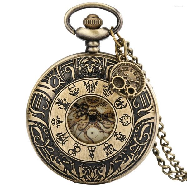 Relógios de bolso Bronze Metade Relógio Algarismos Romanos Gearwheel Dial Vintage Pingente Colar Relógio Com Acessório Presente Homens Mulheres