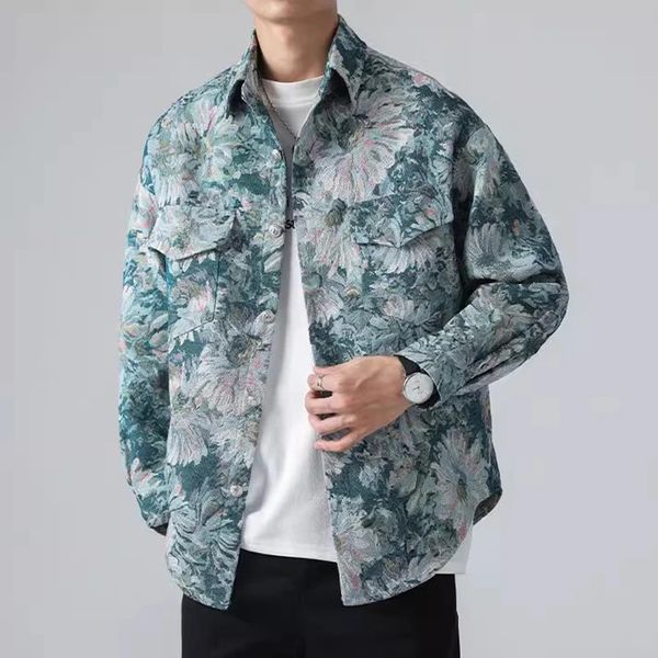 Herbst Blume Gedruckt Chamarras Para Hombre Streetwear Trend Hip Hop Männlichen Cargo Shirts Mode Buttons Up Herren Casual Jacken 240314