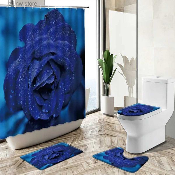 Tende da doccia Fiore di rosa Tenda da doccia Acqua Floreale Arte astratta Tappetino antiscivolo Piedistallo Copriwater Coppia Bagno Deco Set Regalo di festa Y240316