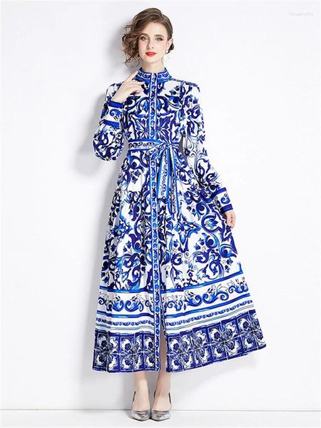 Повседневные платья, модное синее и белое фарфоровое платье макси для женщин, весна 2024, свободные халаты на шнуровке с длинными рукавами Femme