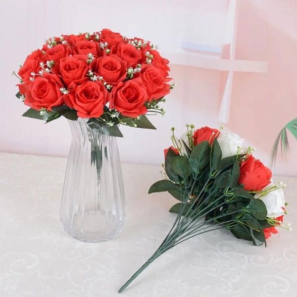 Dekorative Blumen, 18 Köpfe, echte glückliche Blumen, hochwertiger Valentinstag-Kristallgras-Blumenstrauß für Zuhause