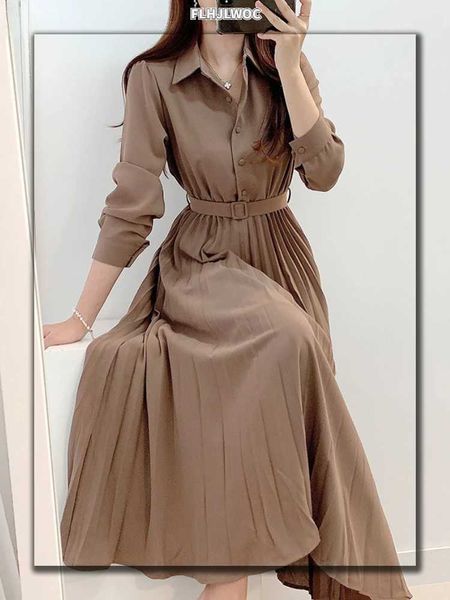 Vestidos casuais básicos novo design estilo japão feminino chique coreia roupa básica casual robe sólido mistura de algodão vintage longo maxi camisa vestido cinto vestidosc24315