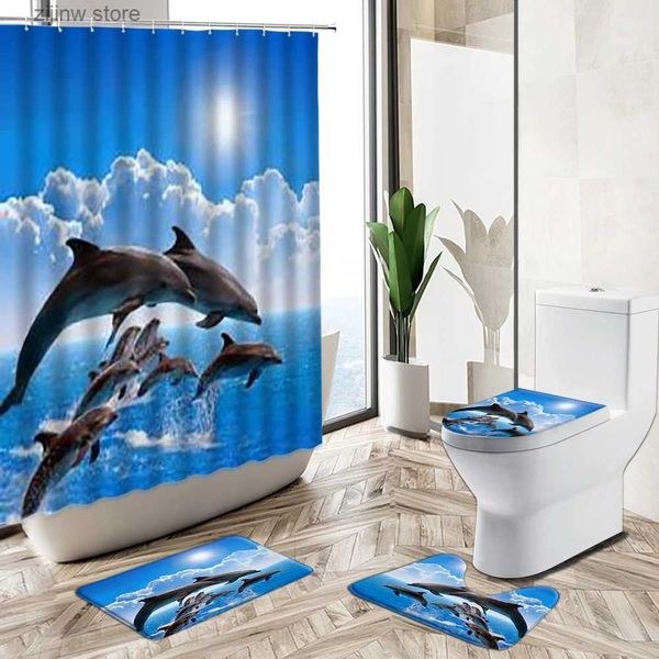 Cortinas de chuveiro 3D Ocean Design Dolphin Whale Animal Cortina de chuveiro Mar Cenário Decoração antiderrapante Tapete de banho Tampa de banheiro Flanela Conjunto de tapete de banheiro Y240316