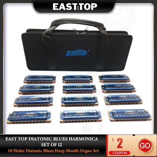 Instrumentos EASTTOP T008K12 Diatônico Blues Harmônica Conjunto de 12 10 Buracos Diatônico Blues Harp Mouth Organ Set 12 Keys