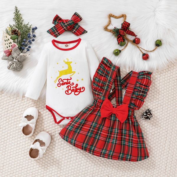 Платья Ma Baby 018M, рождественский комплект красной одежды для девочек, комбинезон с надписью «Олень», клетчатые юбки, наряды, рождественские костюмы D01