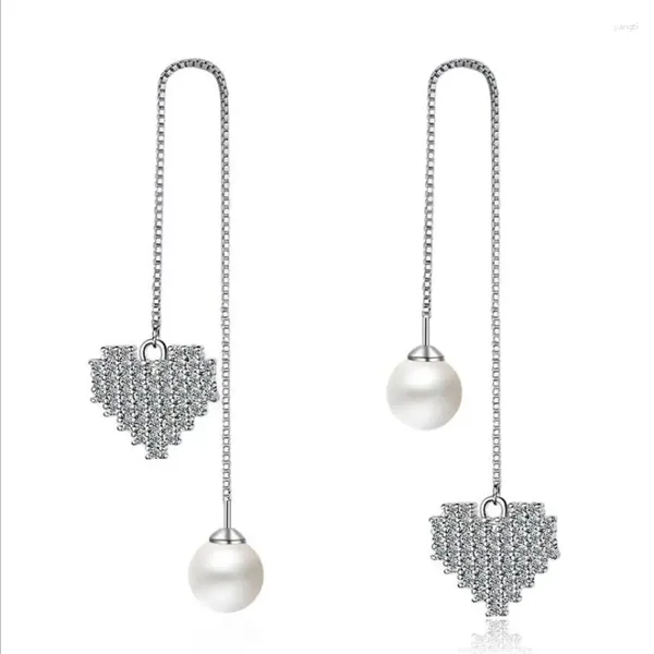 Dangle brincos moda 925 prata esterlina para mulheres jóias de luxo cristal coração pérola feminino borla gota acessórios